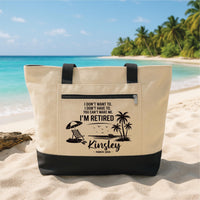 Retired Tote Bag with Zipper, Personalized Retirement Gift, Custom Name Beach Bag, Funny Retirement Gift, Travel Vacation Tote Bag