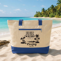Retired Tote Bag with Zipper, Personalized Retirement Gift, Custom Name Beach Bag, Funny Retirement Gift, Travel Vacation Tote Bag