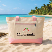 Personalized Teacher Tote Bag Zipper Tote, Custom Teacher Name Gift, Back to School Gift, Teacher Appreciation Gift, Apple Teacher Bag