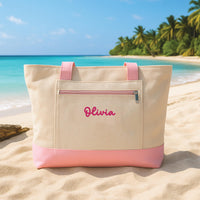 Custom Name Embroidered Zipper Tote Bag, Personalized Tote Bag Gift for Her, Bridesmaid Gift, Bridal Gift, Travel Beach Bag