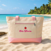 Personalized Embroidered Teacher Tote Bag Custom Name Tote Bag, Teacher Gift, Apple Design Tote, Back to School Gift, Gift for Teacher