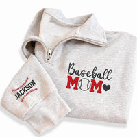 Baseball Mom Embroidered Quarter Zip Sweatshirt, Personalized Team Mom Pullover, Custom Name Sleeve, Game Day Mom Gift Apparel