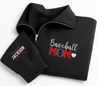 Baseball Mom Embroidered Quarter Zip Sweatshirt, Personalized Team Mom Pullover, Custom Name Sleeve, Game Day Mom Gift Apparel