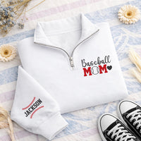 Baseball Mom Embroidered Quarter Zip Sweatshirt, Personalized Team Mom Pullover, Custom Name Sleeve, Game Day Mom Gift Apparel