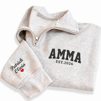 Amma EST Embroidered Quarter Zip Sweatshirt, Personalized Grandma Pullover, New Mom Gift, Custom Name Sleeve, Family Gift Apparel