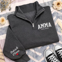 Amma EST Embroidered Quarter Zip Sweatshirt, Personalized Grandma Pullover, New Mom Gift, Custom Name Sleeve, Family Gift Apparel