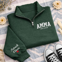 Amma EST Embroidered Quarter Zip Sweatshirt, Personalized Grandma Pullover, New Mom Gift, Custom Name Sleeve, Family Gift Apparel