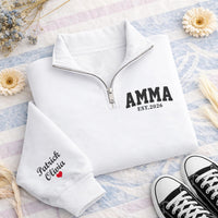 Amma EST Embroidered Quarter Zip Sweatshirt, Personalized Grandma Pullover, New Mom Gift, Custom Name Sleeve, Family Gift Apparel