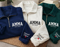 Amma EST Embroidered Quarter Zip Sweatshirt, Personalized Grandma Pullover, New Mom Gift, Custom Name Sleeve, Family Gift Apparel