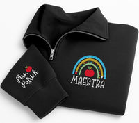 Maestra Embroidered Quarter Zip Sweatshirt, Personalized Spanish Teacher Pullover, Custom Name Sleeve, Teacher Appreciation Gift