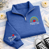 Maestra Embroidered Quarter Zip Sweatshirt, Personalized Spanish Teacher Pullover, Custom Name Sleeve, Teacher Appreciation Gift