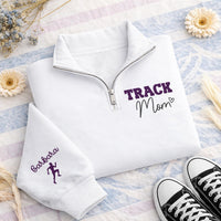 Track Mom Embroidered Quarter Zip Sweatshirt, Personalized Running Mom Pullover, Sports Team Gift, Athletic Mom Apparel Custom Name