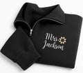 Personalized Mrs Name Embroidered Quarter Zip Sweatshirt, Custom Teacher Pullover, Floral Name Gift, School Staff Appreciation Wear