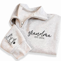 Custom Grandma Embroidered Quarter Zip Sweatshirt, Personalized Grandmother Pullover, Gift for Grandma Quarter Zip Sweater