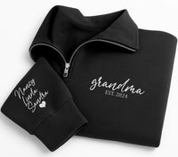 Custom Grandma Embroidered Quarter Zip Sweatshirt, Personalized Grandmother Pullover, Gift for Grandma Quarter Zip Sweater