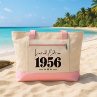 Personalized Birthday Tote Bag with Zipper, Custom Year Limited Edition Canvas Bag, Milestone Birthday Gift for Women Travel Beach Tote
