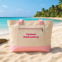 Personalized Embroidered Zipper Tote Bag Custom Text Tote Bag, Bridesmaid Gift, Bachelorette Bag, Beach Bag, Vacation Gift for Her