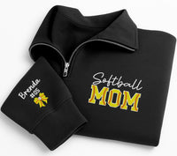 Softball Mom Embroidered Quarter Zip Sweatshirt, Personalized Team Mom Pullover, Custom Player Number Gift, Softball Bow