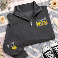 Softball Mom Embroidered Quarter Zip Sweatshirt, Personalized Team Mom Pullover, Custom Player Number Gift, Softball Bow