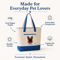 Pet Portrait Tote Bag with Zipper, Personalized Dog Cat Tote Bag, Custom Pet Lover Gift, Cute Puppy Cat Mom Beach Travel Bag