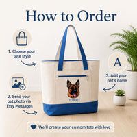 Pet Portrait Tote Bag with Zipper, Personalized Dog Cat Tote Bag, Custom Pet Lover Gift, Cute Puppy Cat Mom Beach Travel Bag