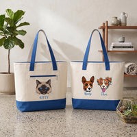 Pet Portrait Tote Bag with Zipper, Personalized Dog Cat Tote Bag, Custom Pet Lover Gift, Cute Puppy Cat Mom Beach Travel Bag