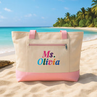 Personalized Embroidered Teacher Tote Bag with Zipper, Custom Teacher Name Tote Bag, Teacher Appreciation Gift, Back to School