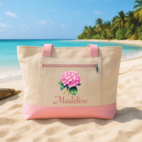 Personalized Flower Tote Bag with Zipper, Custom Name Floral Tote, Hydrangea Beach Bag, Gift for Mom Grandma Women Friend