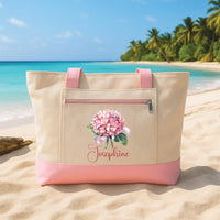 Personalized Flower Tote Bag with Zipper, Custom Name Floral Tote, Hydrangea Beach Bag, Gift for Mom Grandma Women Friend