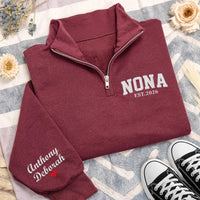 Nona Embroidered Quarter Zip Sweatshirt, Personalized Grandma Pullover, Custom Nana Gift for New Grandmother Wear