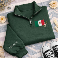 Mexico Flag Embroidered Quarter Zip Sweatshirt, Personalized Mexican Heritage Pullover, Custom Mexico Gift Wear