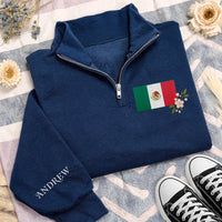 Mexico Flag Embroidered Quarter Zip Sweatshirt, Personalized Mexican Heritage Pullover, Custom Mexico Gift Wear