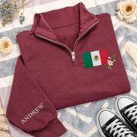 Mexico Flag Embroidered Quarter Zip Sweatshirt, Personalized Mexican Heritage Pullover, Custom Mexico Gift Wear