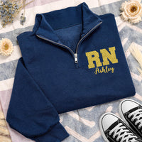 RN Glitter Quarter Zip Sweatshirt, Personalized Nurse Pullover, Custom Name Nursing Grad Gift, Sparkle Registered Nurse Wear