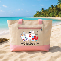 Nurse Tote Bag with Zipper, Personalized Nurse Name Bag, Custom Medical Work Tote, RN CNA Healthcare Worker Gift Idea