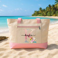 Personalized Monogram Tote Bag with Zipper, Custom Initial Name Beach Bag, Floral Letter Tote for Women, Bridesmaid Gift Travel Bag