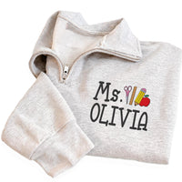 Custom Teacher Embroidered Quarter Zip Sweatshirt, Personalized Apple Pencil Pullover, Kindergarten Teacher Appreciation Gift Outfit