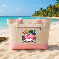 Teacher Tote Bag with Zipper, Personalized Apple Teacher Bag, Custom Name Gift for Teacher, Back to School, Classroom Work Travel Tote