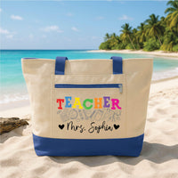 Teacher Tote Bag with Zipper, Personalized Name Teacher Bag, Custom Classroom Gift, Teacher Appreciation, Back to School Work Travel Tote