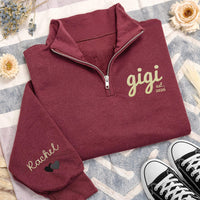 Gigi Embroidered Quarter Zip Sweatshirt, Personalized Grandma Pullover, Custom Est Year Gift for Nana Mimi Grammy Women