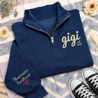 Gigi Embroidered Quarter Zip Sweatshirt, Personalized Grandma Pullover, Custom Est Year Gift for Nana Mimi Grammy Women