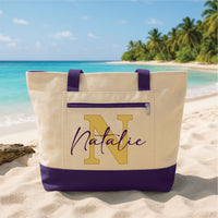 Bridesmaid Tote Bag with Zipper, Personalized Monogram Name Bag, Custom Bridal Party Gift, Wedding Day, Bachelorette Beach Travel Tote