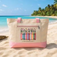 Book Lover Tote Bag with Zipper, Personalized Library Books Bag, Custom Name Teacher Gift, Reader Gift, Book Club Travel Work Tote