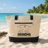 Grandma Tote Bag with Zipper, Personalized Grandma Gift, Custom Grandkids Name Tote, Floral Nana Beach Bag, Mothers Day Gift