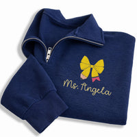 Custom Teacher Embroidered Quarter Zip Sweatshirt, Personalized Pencil Bow Pullover, Back to School Teacher Gift Women