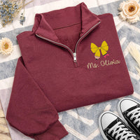 Custom Teacher Embroidered Quarter Zip Sweatshirt, Personalized Pencil Bow Pullover, Back to School Teacher Gift Women