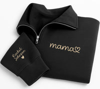 Mama Embroidered Quarter Zip Sweatshirt, Personalized Mama Pullover with Kids Names Sleeve, Custom Mom Gift, Mother's Day Apparel