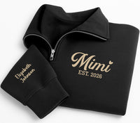 Mimi Est 2026 Embroidered Quarter Zip Sweatshirt, Personalized Grandma Pullover, New Grandma Gift, Custom Name Sleeve Family Gift