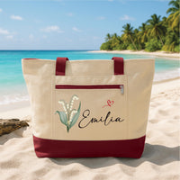 Birth Flower Tote Bag with Zipper, Personalized Name Flower Tote, Custom Floral Tote Bag, Birthday Gift for Women, Travel Bag