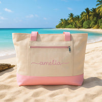 Personalized Embroidered Beach Tote Bag with Zipper, Custom Name Canvas Bag, Bridesmaid Gift, Vacation Bag for Women